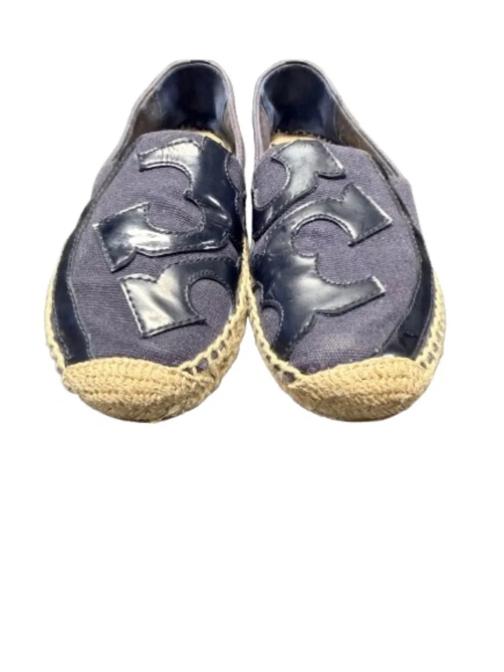 Tory Burch Navy Canvas Patent Logo Espadrille Flats Shoes Size 8.5